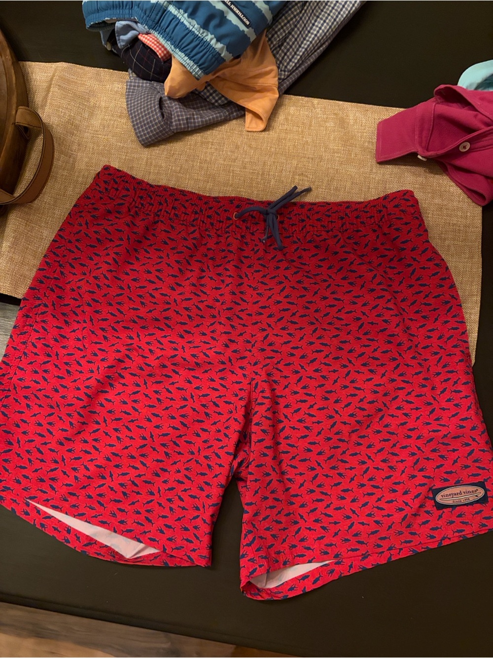 Vineyard Vines Men’s Red Swim Trunks with Navy Fish Print